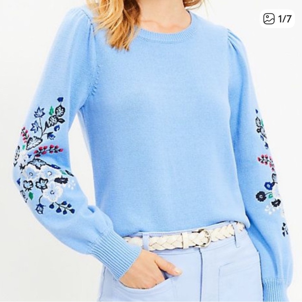 LOFT Light Blue Sweater with Floral Embroidery
